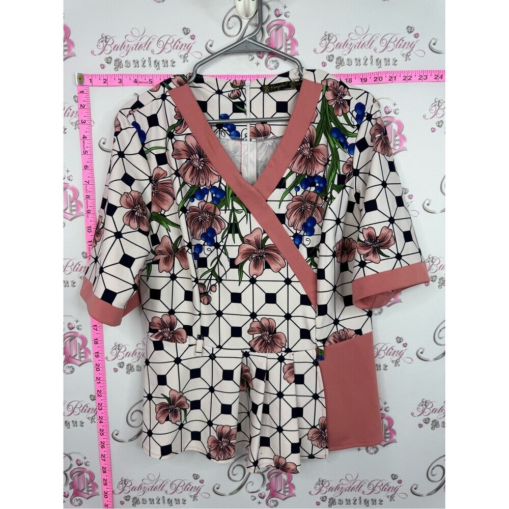 Floral Geometric Wrap Blouse in Cream and Dusty Rose